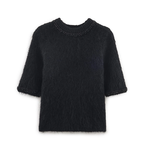 Women Short Sleeve Beaded Knit Sweater Elegant Round Neck Plush Mohair Like Solid Black Pullover Top