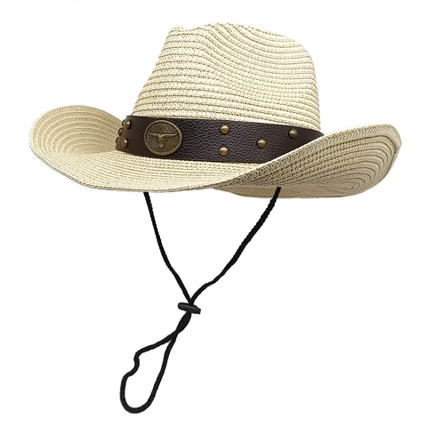 Western Cowboy Straw Hat Sun Protection Breathable Beach Summer Travel Outdoor Vintage With Bull Head Emblem And Wind Rope
