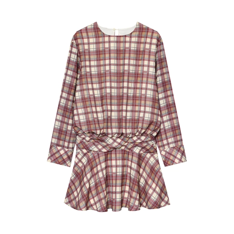 Elegant Plaid Mini Dress Polyester Long Sleeve Round Neck High Waist Ruched Waist Casual Vintage Dress For Women