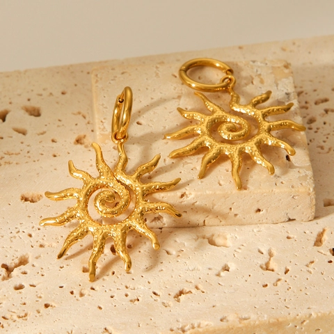 Zon Druppel Oorbellen 18K Verguld Roestvrij Staal Gehamerd Textuur Spiraal Sunburst Vintage Sieraden Voor Vrouwen