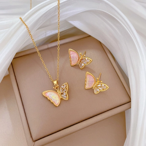 Butterfly Necklace And Earrings Titanium Steel Copper Gold Plated Pink Zircon Elegant Jewelry Women Party Fashion Accessory