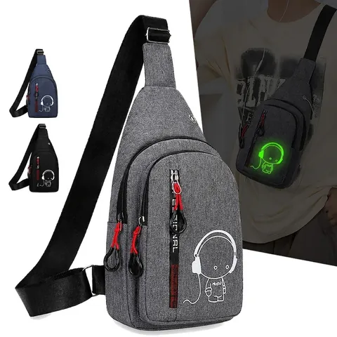 Men Luminous Chest Bag Nylon Waterproof Crossbody Sling Pack For Outdoor Travel Casual With Cartoon Astronaut Print