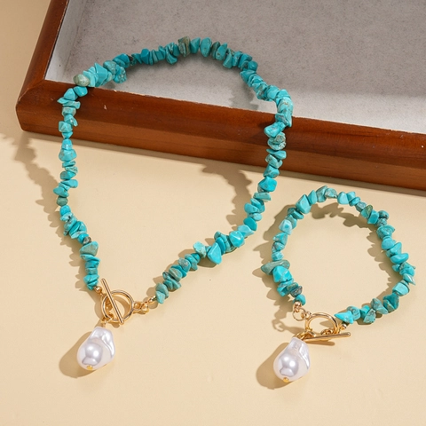 Collana E Bracciale Con Scaglie Di Turchese E Perla Artificial Barocca Per Donna Stile Bohémien Vacanze Vintage Chiusura A Gancio Oro