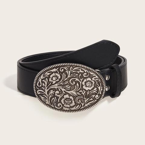 Damen Retro PU Leder Gürtel Mit Großer Ovaler Legierung Blumengravur Schnalle Western Stil Taillengürtel Für Kleider Anzüge