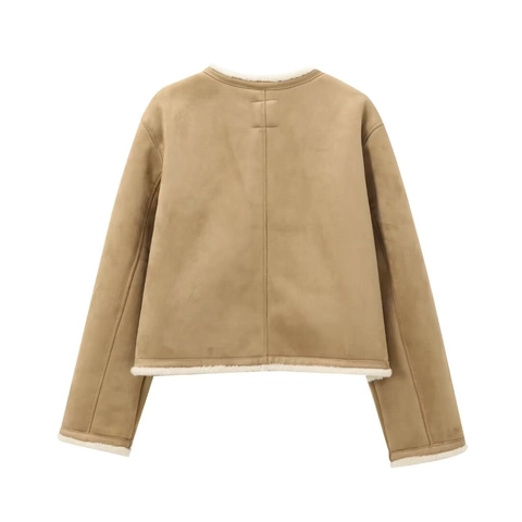Korte Damesjas Van Imitatie Lamswol Suède Fleece Warme Mantel Lange Mouwen Gouden Knopen Casual Retro Winter