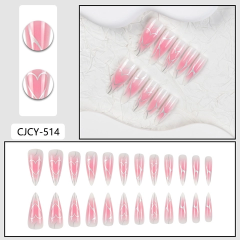 Unghie Finte Press On Long Stiletto Sfumate Rosa Blush Con Linee Metallo Liquido Argento Cuore Per Donna