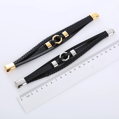 Bracciale Uomo Pelle Multistrato Acciaio Inossidabile 304 Dado Esagonale Corda Intrecciata Chiusura Magnetica Industriale