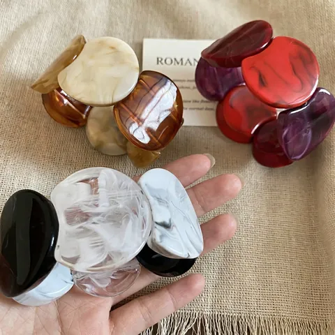 Chunky Acrylic Resin Bracelet Marble Amber Texture Elastic Geometric Bangle Retro Minimalist Handcrafted Jewelry Women