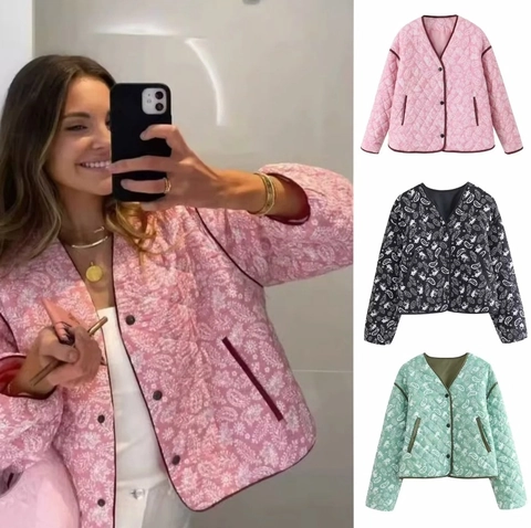 Damen Paisley Print Steppjacke V-Ausschnitt Einreihig Langarm Retro Boho Leichte Jacke Mantel Für Den Frühling