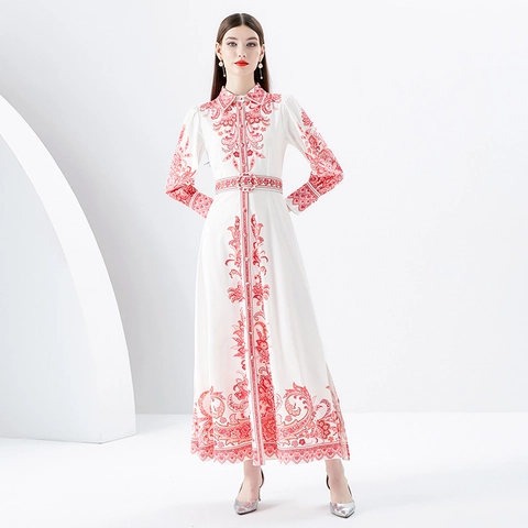 Retro Palast Stil Druck Maxi Kleid Polyester Reverskragen Laternenärmel Gürtel Hoher Schlitz Elegantes Langes Kleid Für Damen