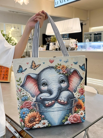 Women Canvas Tote Bag Large Capacity Animal Floral Print Embroidery Casual Handbag With Striped Straps And Zipper
