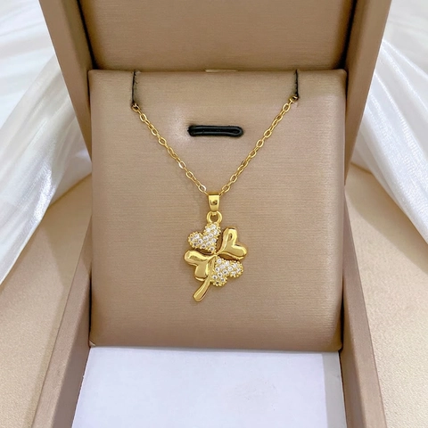 Klavertje Hanger Ketting Met Roestvrijstalen Ketting En Koperen Zirkonia Ingelegd Voor Vrouwen Elegante Stijl
