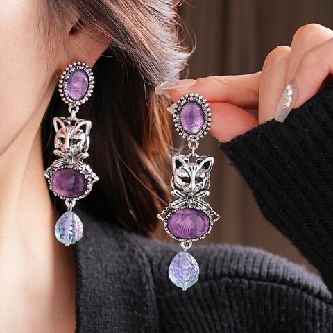 Vintage Cat Head Dangle Earrings Purple Rhinestone Resin Drop Alloy Jewelry Women Silver Earring Post