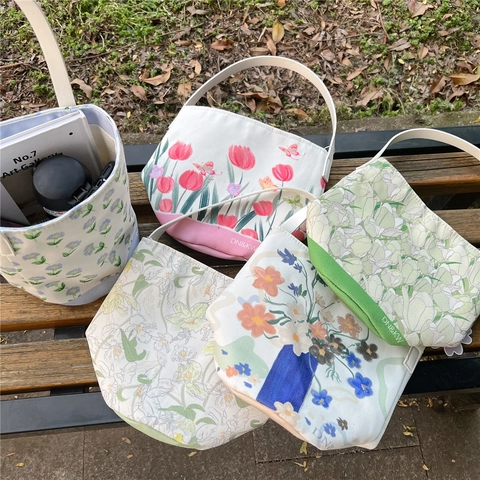 Blumendruck Leinwand Handtasche Süßes Tulpenmuster Eimer Tragetasche Lässige Reise Tägliche Pendeln Schultertasche Damen