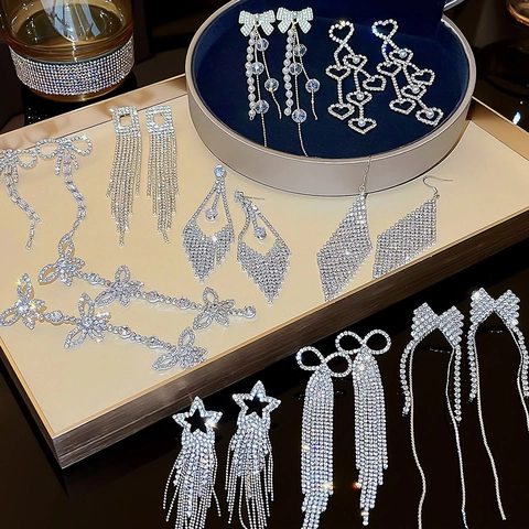 Long Tassel Drop Earrings With 925 Sterling Silver Earring Post Copper Rhinestone Bow Star Elegant Jewelry For Women