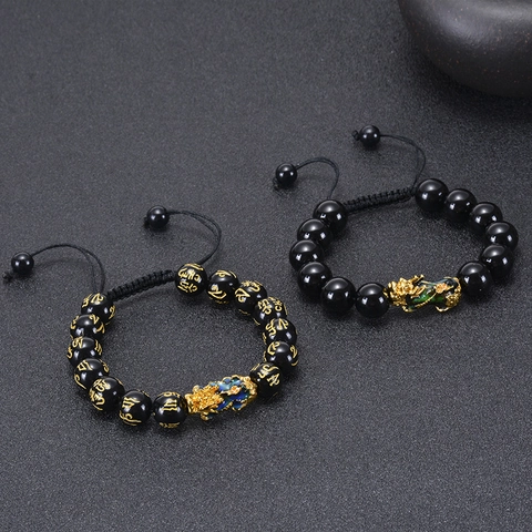 PiXiu Feng Shui Bracelet Black Obsidian Mantra Beads Color Changing Charm Lucky Wealth Amulet For Men Women