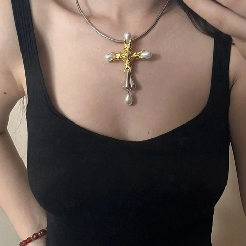 Parure de Bijoux Baroque Vintage en Acier Titane avec Croix et Perles Artificielles Collier Boucles d'Oreilles Broche