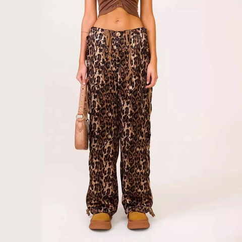 Damen Cargo Hose Mit Leopardenmuster Hohe Taille Weites Bein Azetat Polyester Multi Taschen Kordelzug Streetwear Mode