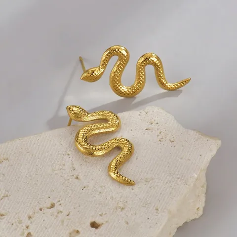 Vintage Stainless Steel Snake Earrings Gold Plated Animal Shape Textured Serpent Drop Earrings For Women Fashion Jewelry