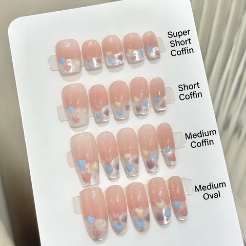 French Gradient Nude Press On Nails With Colorful Heart Patterns Glitter Handmade Full Cover Fake Nails Coffin Oval Sweet Style Women
