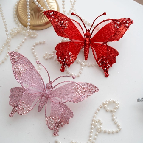 Glitzer Mesh Schmetterling Weihnachtsbaum Dekorationen Funkelnde Pailletten Künstliche Perlen Hängende Ornamente Für Hochzeit Party Fest Heimdeko