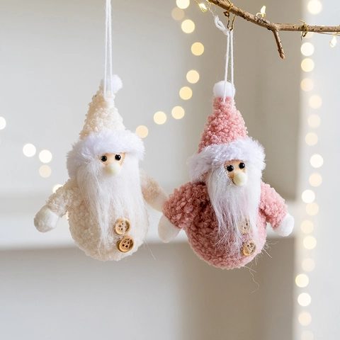 Christmas Santa Gnome Plush Hanging Ornament Soft Sherpa Cloth With Wood Buttons Holiday Tree Decoration Handmade Style