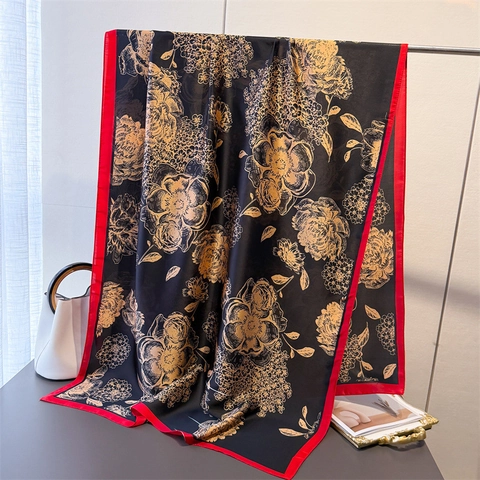 Long Foulard Femme Polyester Satin Imitation Satin Imprimé Fleuri Grand Châle Léger Accessoire De Mode Rétro Élégant