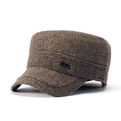 Men Winter Cadet Cap Thick Warm Flat Top Hat With Earflaps Plaid Polyester Outdoor Thermal Vintage Military Style