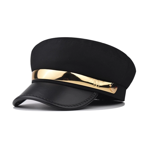 Boina de Estilo Militar Vintage para Mujer Ala de Cuero Sintético Barra de Metal Dorado Decoración M Gorra Newsboy Moda