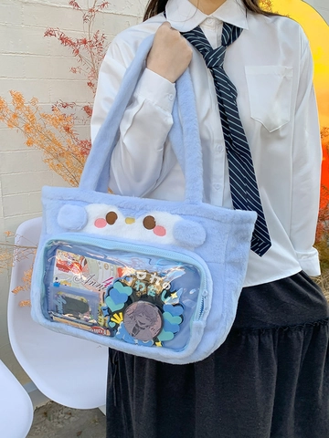 Cartoon Animal Ears Plush PVC Ita Bag Transparent Window Large Capacity Shoulder Tote Handbag For Girls