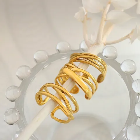 Anello Incrociato Acciaio Titanio Placcato Oro 18K Multistrato Geometrico Aperto Regolabile Gioielli Minimalisti Donna Uomo