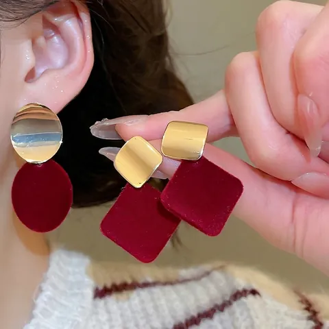 Retro Red Flocked Geometric Stud Earrings With Silver Earring Post Vintage Gold Metal Square Oval For Women