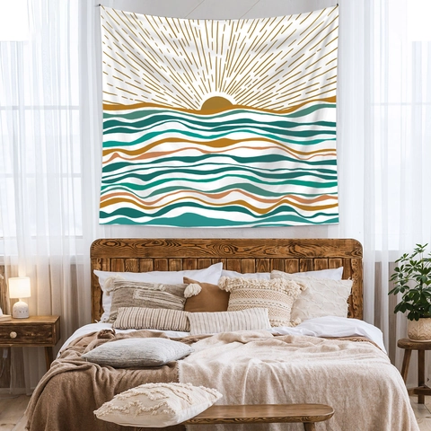 Arazzo Da Parete Poliestere Sole Astratto E Onde Del Mare Stampa Boho Minimalista Arte Moderna Decorazione Camera Letto