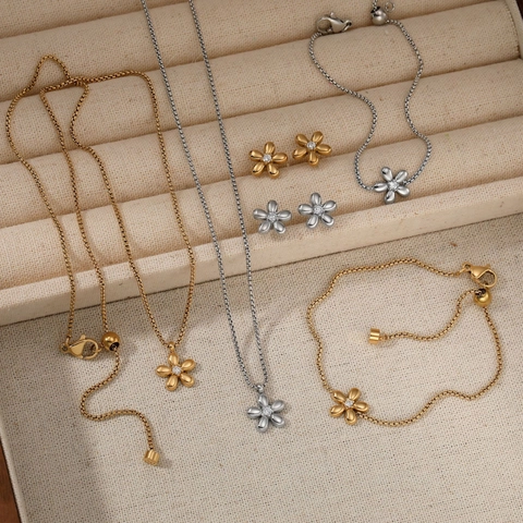 Joyas Flor Acero Inoxidable Circón Collar Pulsera Pendientes Con Earring Post PVD Chapado Hipoalergénico Regalo De Moda