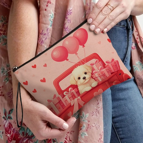 Borsa Da Trucco Portatile In Lino Fine Con Cerniera Stampa Animali Carini San Valentino Custodia Per Donne