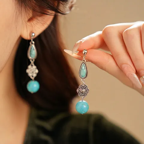 Orecchini Pendenti Boho Vintage Con Perno In Argento Lega Pietra Di Turchese Artificiale Fiore Cavo Goccia D'acqua