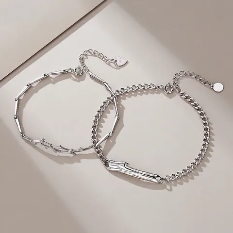 925 Sterling Silver Couple Bracelets Branch Design Rhinestone Inlaid Adjustable Bangle Minimalist Jewelry Valentine's Gift