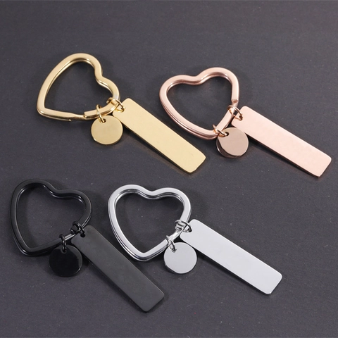 Stainless Steel Keychain Heart Ring Round And Bar Pendant Blank Plain Jewelry For Couple Friends Gift
