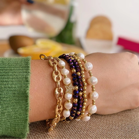 Natürliche Süßwasserperlen Layering Armbänder Böhmische 18K Vergoldete Kupferperlen Kristall Herz Stern Für Damen