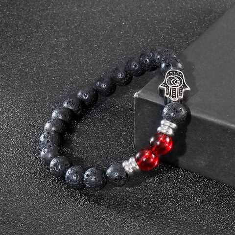 Hamsa Hand Lava Stein Perlenarmband Mit Roten Perlen Edelstahl Fatima Hand Ethnisch Retro Glücksbringer Für Herren Damen