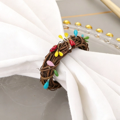 Handmade Woven Rattan Napkin Rings With Artificial Green Leaves Berries For Christmas Table Decor Rustic Farmhouse