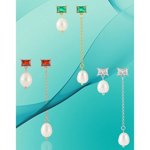 Asymmetrical Artificial Pearl Drop Earrings With 925 Sterling Silver Earring Post Zircon Rectangle Geometric Elegant For Women