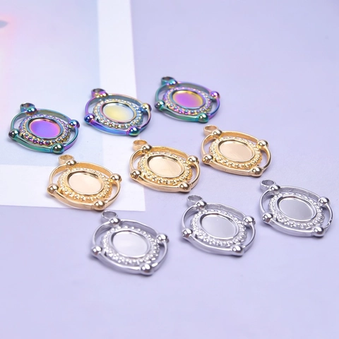 Charmes De Base De Pendentif En Acier Inoxydable Irisé Pour Bijoux DIY Plateau Ovale Vintage Finition Miroir Arc En Ciel