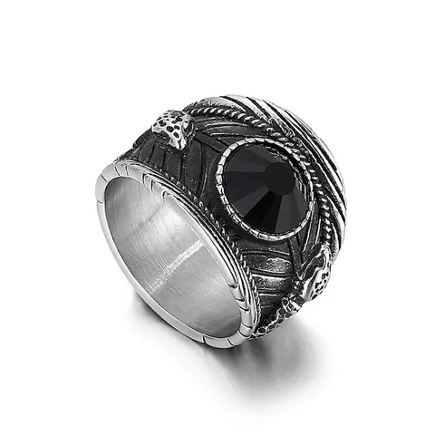 Anillo Punk Gótico Para Hombre De Acero Inoxidable Con Gran Cristal Negro Y Relieve De Calavera Joyería Retro