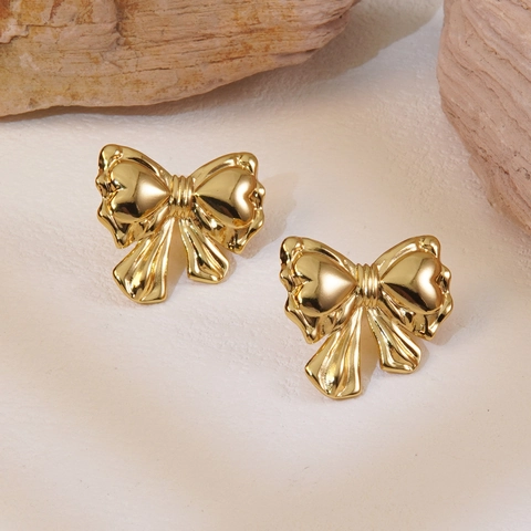 Bow Stud Earrings Stainless Steel 18K Gold Plated Heart Pattern Sweet Fresh Style Jewelry For Women