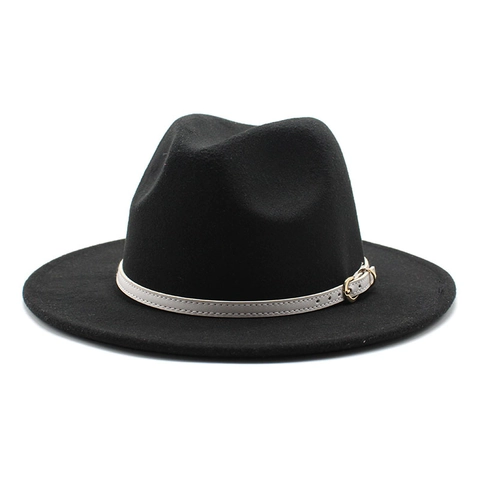 Wide Flat Brim Fedora Hat Wool Felt Vintage British Style Elegant Jazz Cap With Leather Band Gold Buckle For Men Women