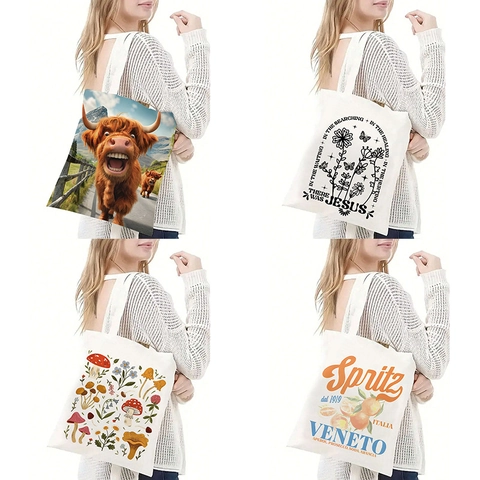 Bolsa De Lona Estética Impresa Gran Capacidad Bolso De Hombro Para Mujer Compras Casuales Viajes Respetuosa Con El Medio Ambiente