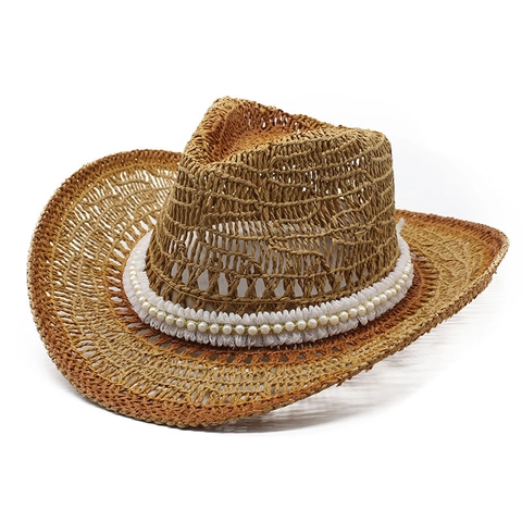 Women Western Straw Cowboy Hat Hollow Out Weave Faux Artificial Pearl Band Wide Brim Sun Protection Summer Beach Vacation