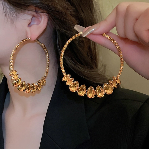 Geometric Hoop Earrings With Champagne Rhinestones And Silver Earring Post Vintage Luxury Jewelry For Women