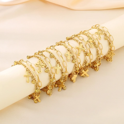Minimalist Stainless Steel Double Layer Bracelet For Women Cross Pendant Paperclip Chain Gold Silver Stacked Fashion Jewelry Gift
